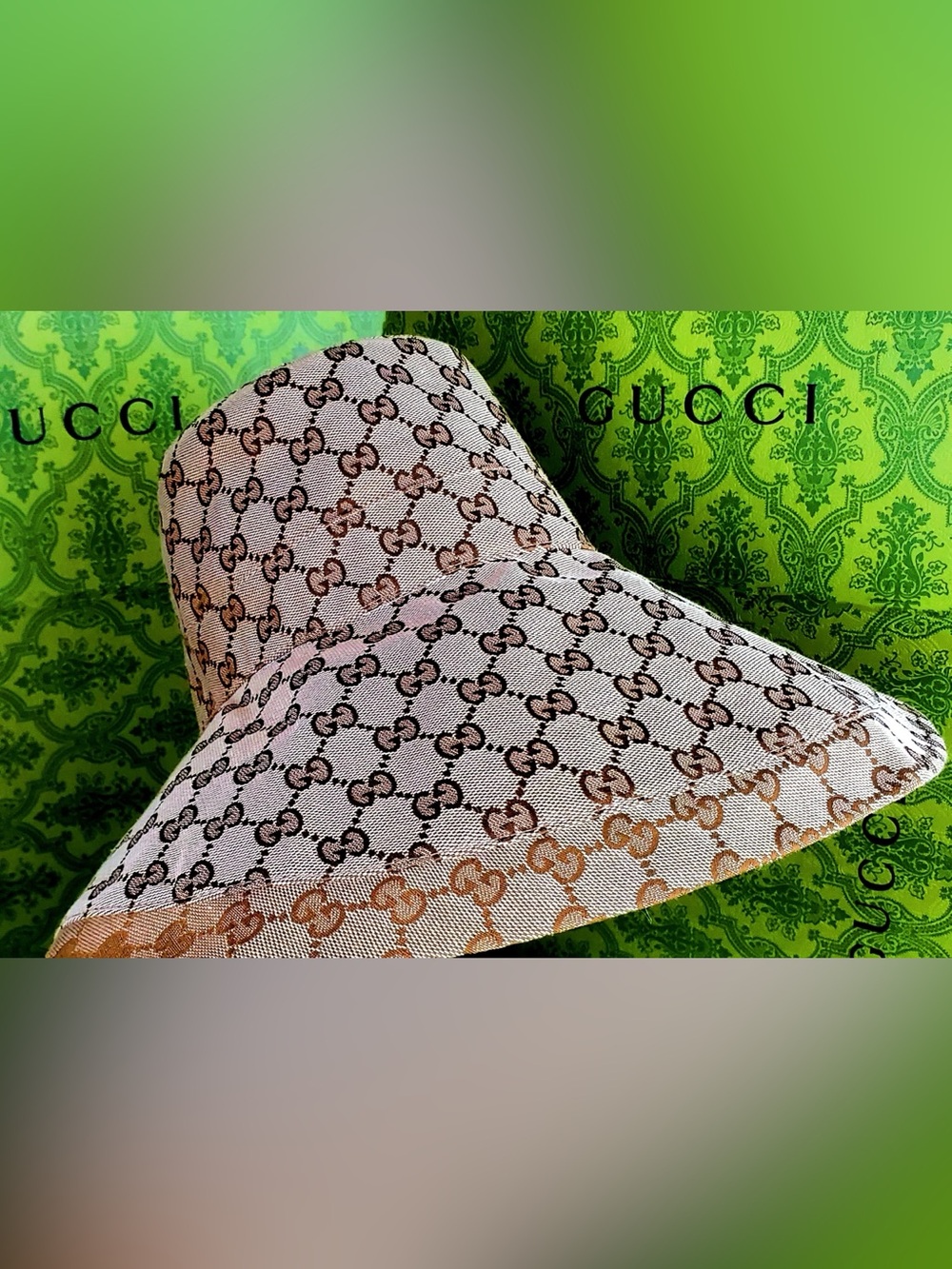 Beige Canvas Large Wide Brim Monogram Bucket Hat Jacquard Sun Coverage Beach - Picture 8 of 16